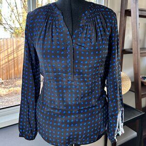 The Korner 100% Silk Polka Dot Tunic Blouse Black Blue Long Sleeve Women’s XL
